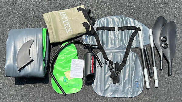 Everything you need for kayaking comes with the Intex kayak except a PFD.