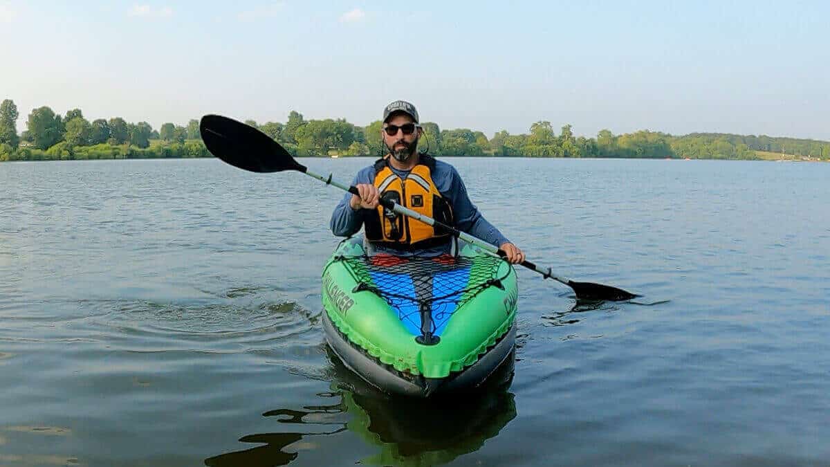 Intex Challenger front view of the bow while paddling.
