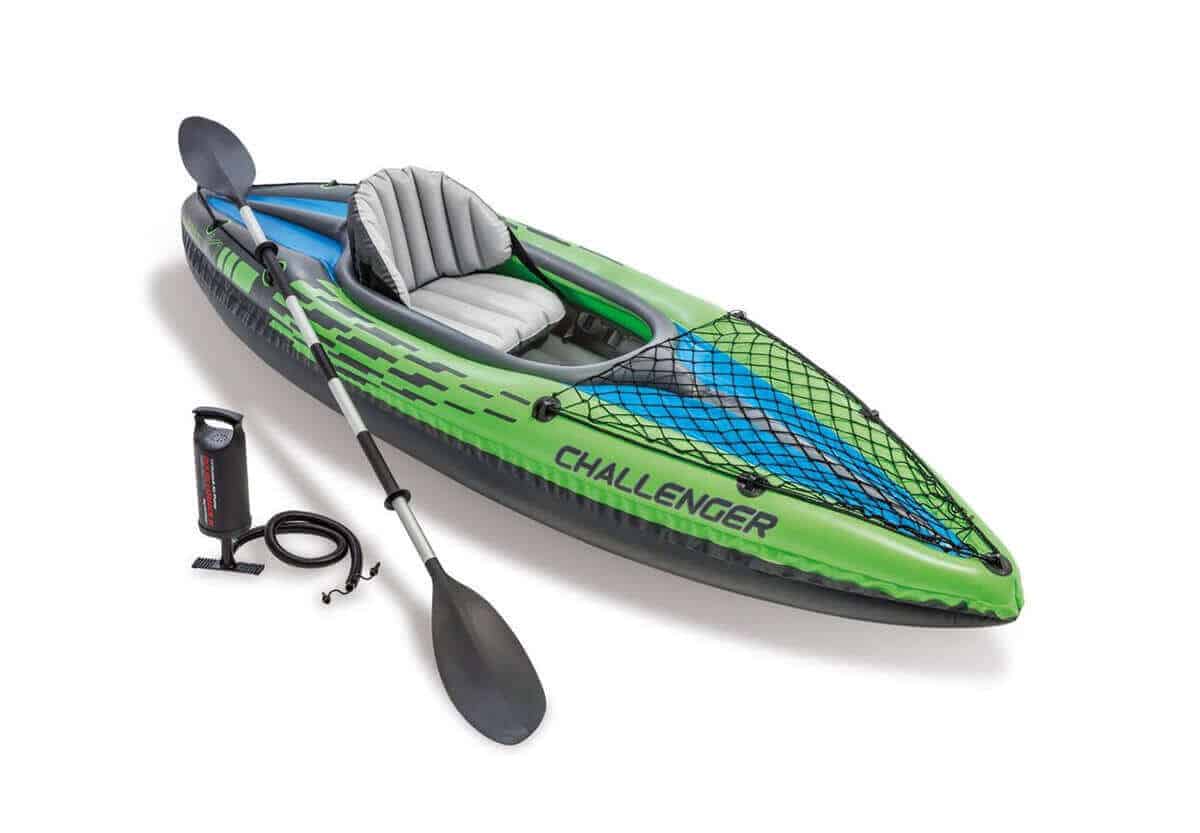Intex Challenger K1 inflatable kayak with a paddle and a high output pump.