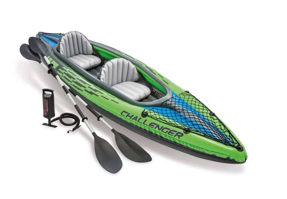 Intex Challenger K2 inflatable kayak with two paddles and an air pump.