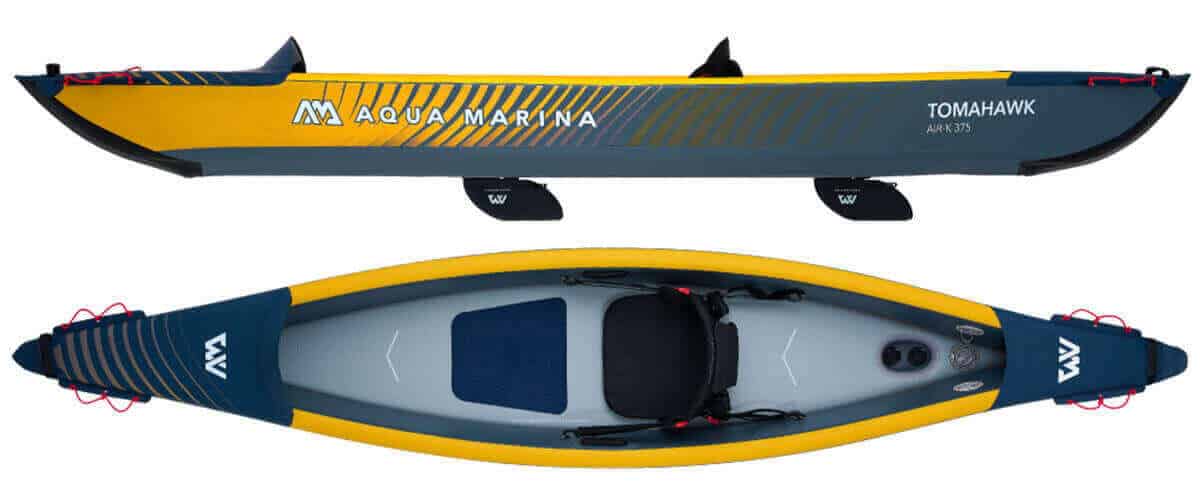 The top and side view of an Aqua Marina Tomahawk AIR-K 375 12.4ft 1-person inflatable kayak.