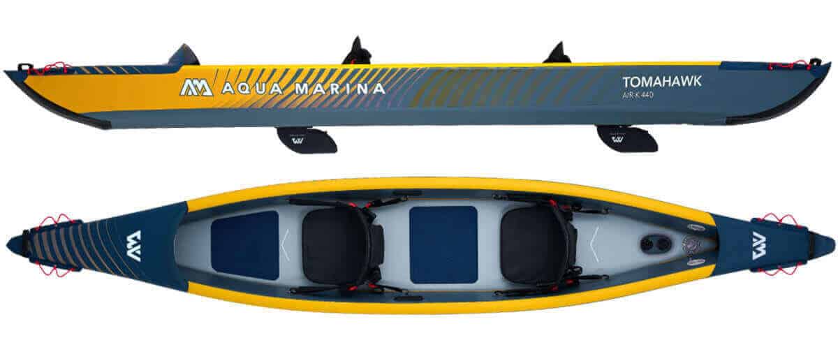 The top and side view of an Aqua Marina Tomahawk AIR-K 440 14.5ft 2-person inflatable kayak.