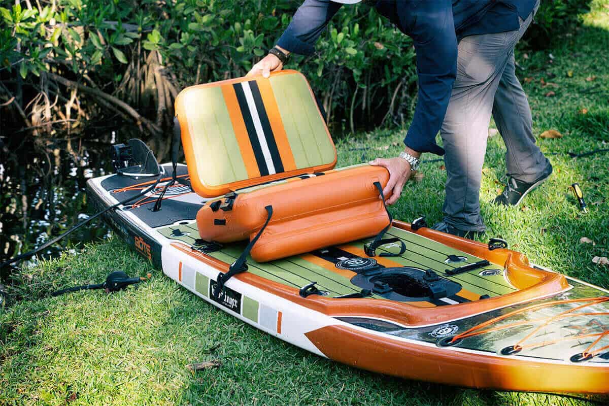 Installing the inflatable Aero Paddle Seat on the BOTE Rackham Gatorshell Bug Slinger Backwater Paddle Board Kayak.