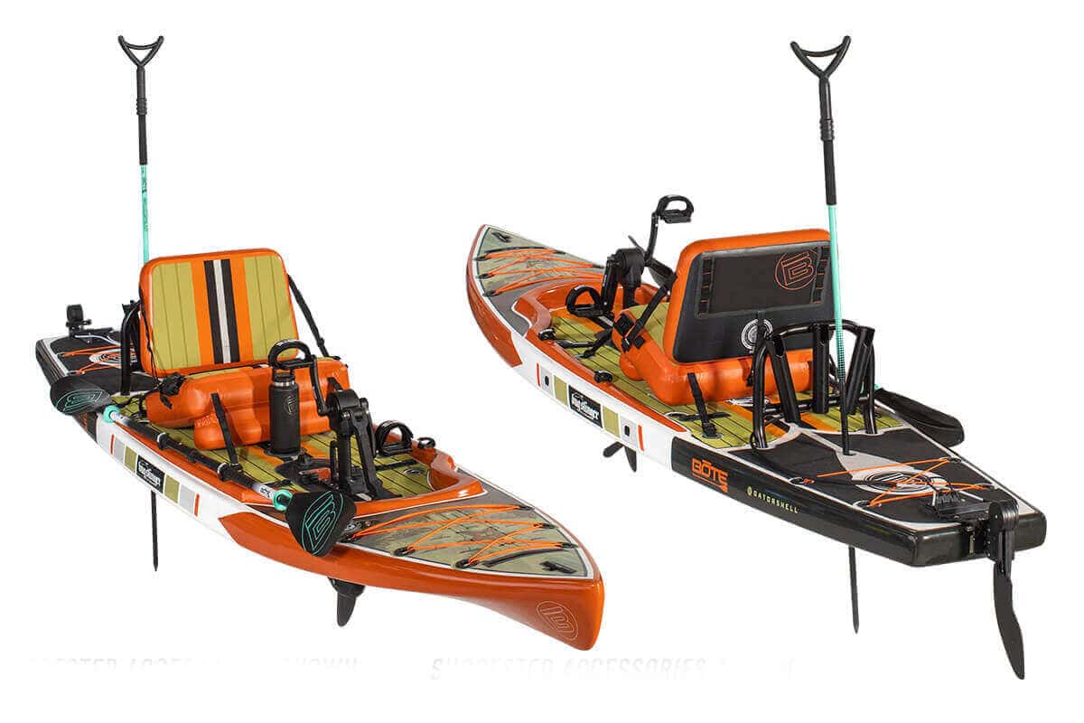 The front and back views of the BOTE Rackham Bug Slinger Backwater Paddle Board Kayak Package.