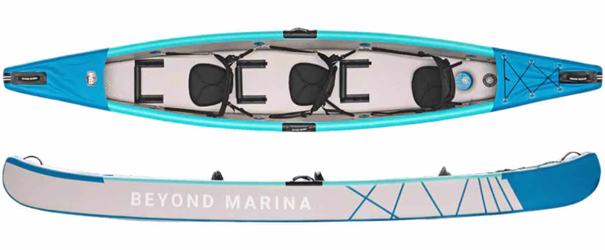 The top and side view of a Beyond Marina Vintage 15'3" Drop-Stitch Triple Kayak.