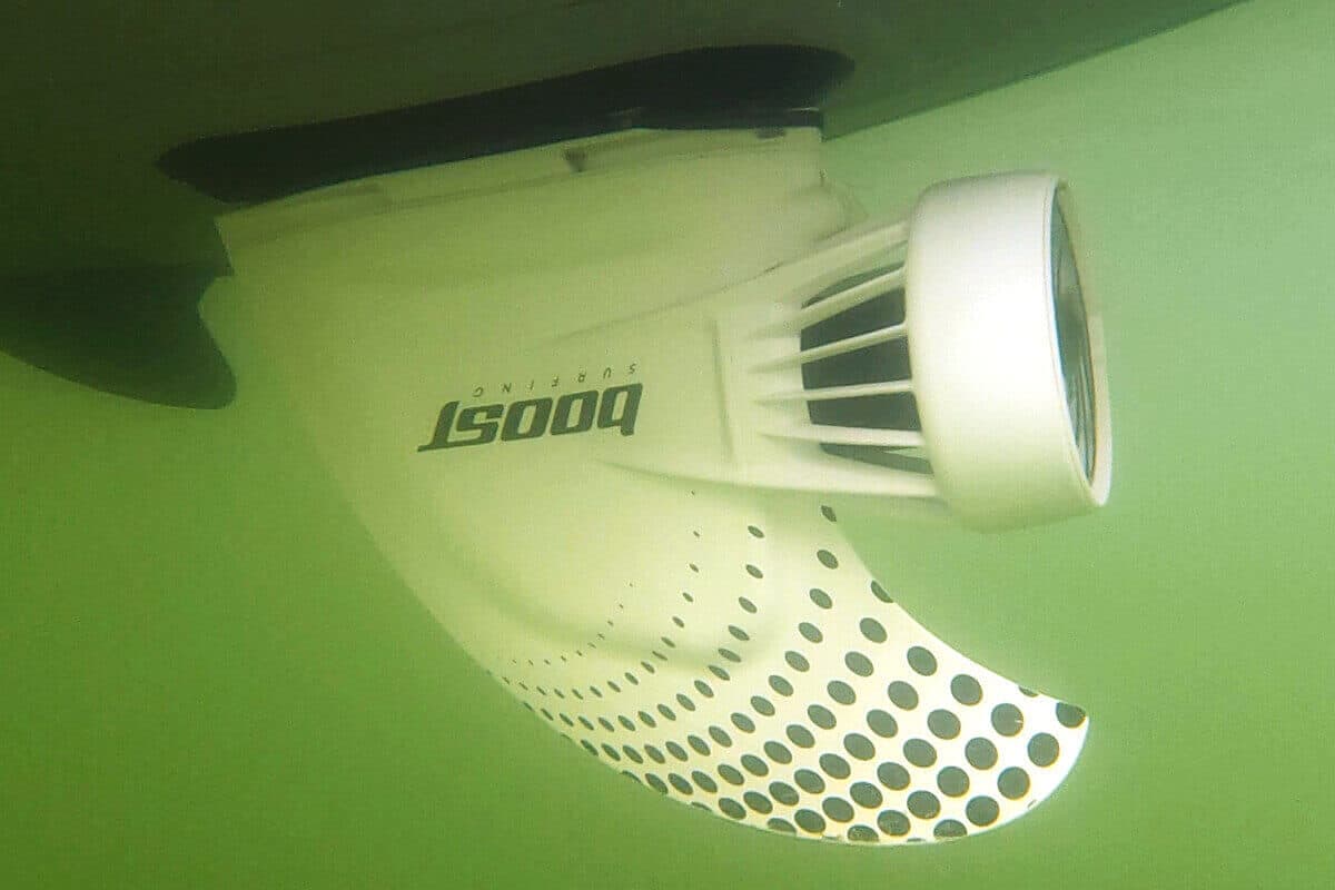 An underwater photo of the Boost Fin in operation in a Bote kayak.