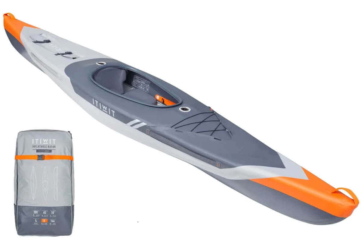A Decathlon Itiwit X500 Solo Inflatable Kayak and its carry backpack.