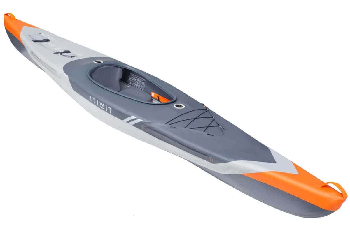 An overall view of a Decathlon Itiwit X500 Solo Inflatable Recreational Touring Kayak.