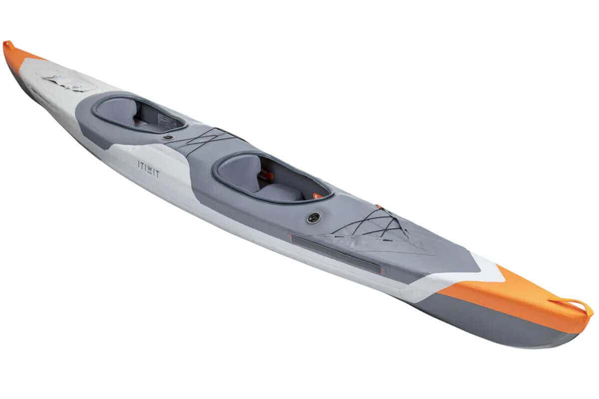 An overall view of a Decathlon Itiwit X500 Tandem Inflatable Recreational Touring Kayak.