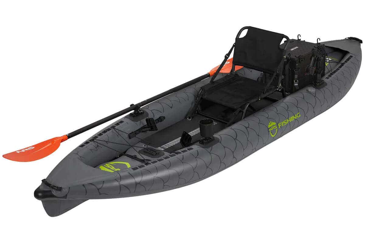 An overall view of a NRS Pike Inflatable Fishing Kayak.
