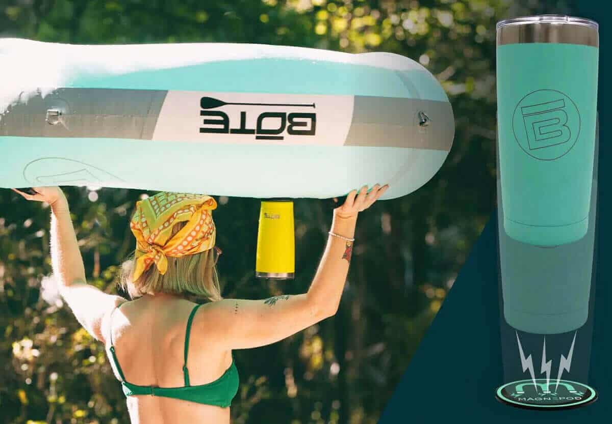 A woman waling with a BOTE Hangout FLOATube over her head shoing how the MAGNEPOD Magnetic Retention System will hold MAGNETumbler drinkware in place at any angle.