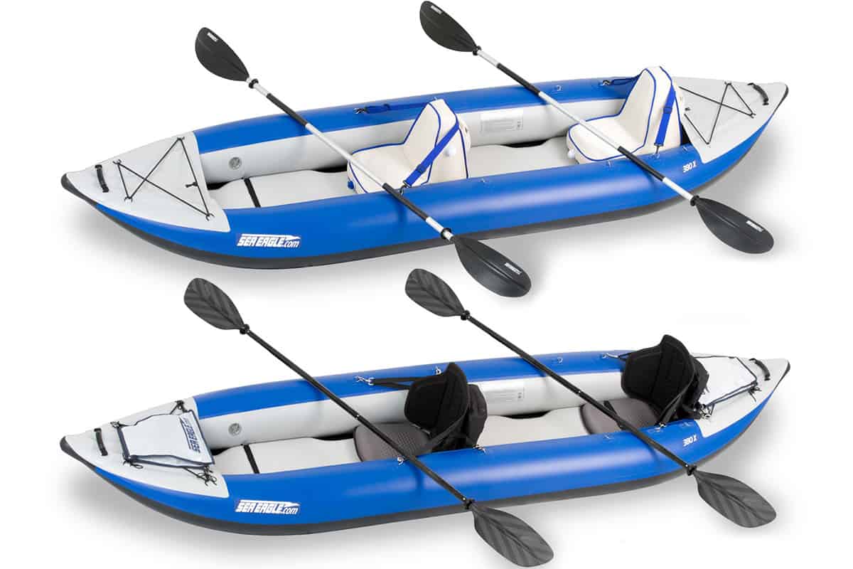 Sea Eagle kayak seats in two different 380x Explorer kayaks: the Deluxe Inflatable vs. Tall Back Seat.